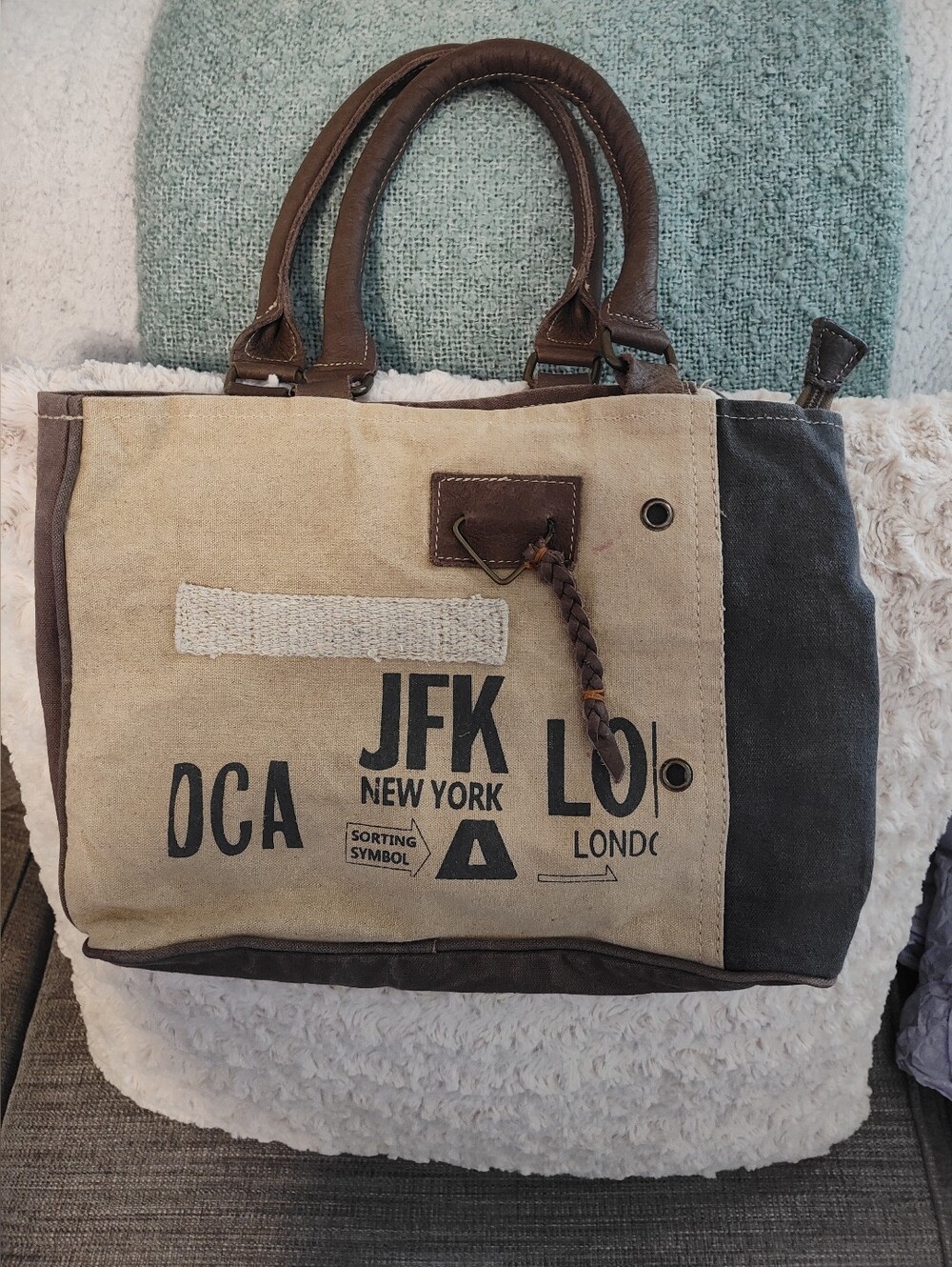 Myra Canvas Travel Tote Bag in Beige and Dark Brown